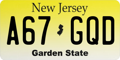 NJ license plate A67GQD