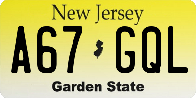 NJ license plate A67GQL