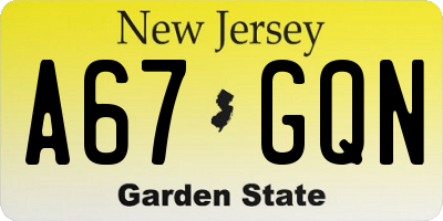 NJ license plate A67GQN