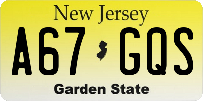 NJ license plate A67GQS