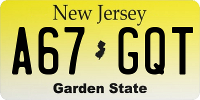 NJ license plate A67GQT