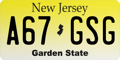 NJ license plate A67GSG