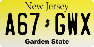NJ license plate A67GWX
