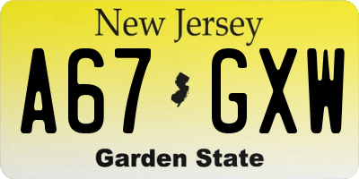 NJ license plate A67GXW