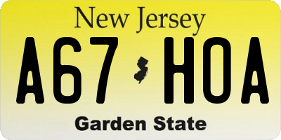 NJ license plate A67HOA