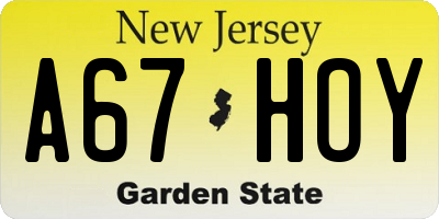 NJ license plate A67HOY