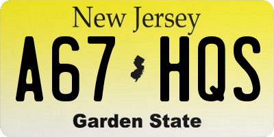 NJ license plate A67HQS