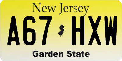NJ license plate A67HXW
