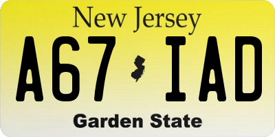 NJ license plate A67IAD
