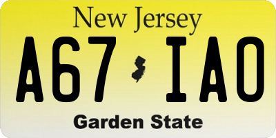 NJ license plate A67IAO
