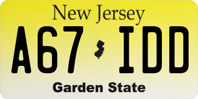 NJ license plate A67IDD