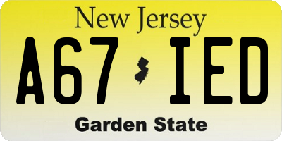 NJ license plate A67IED