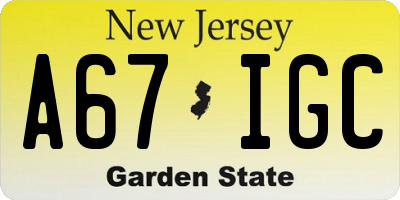 NJ license plate A67IGC