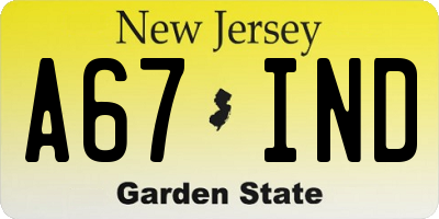 NJ license plate A67IND
