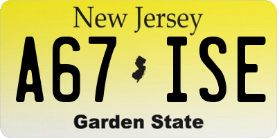 NJ license plate A67ISE