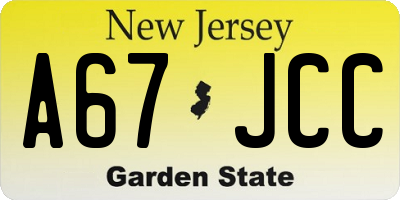NJ license plate A67JCC