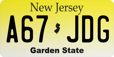 NJ license plate A67JDG