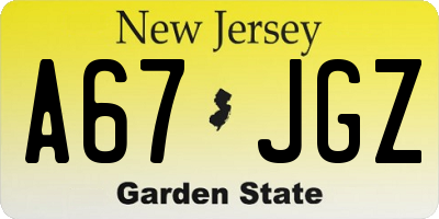 NJ license plate A67JGZ