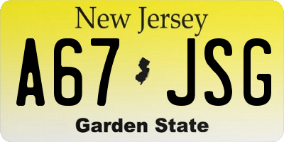 NJ license plate A67JSG