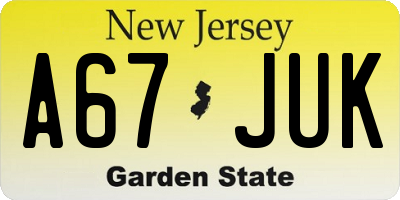 NJ license plate A67JUK