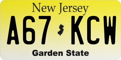 NJ license plate A67KCW