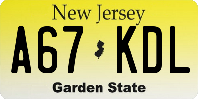 NJ license plate A67KDL