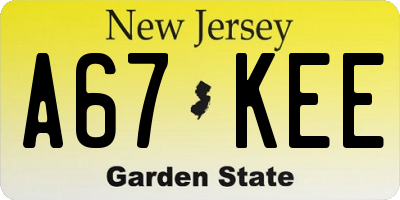 NJ license plate A67KEE