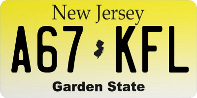 NJ license plate A67KFL