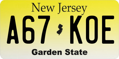 NJ license plate A67KOE
