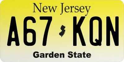 NJ license plate A67KQN