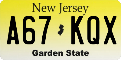 NJ license plate A67KQX