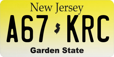 NJ license plate A67KRC