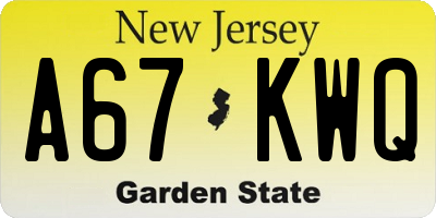 NJ license plate A67KWQ