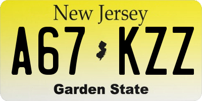 NJ license plate A67KZZ