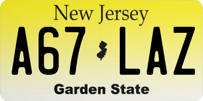 NJ license plate A67LAZ