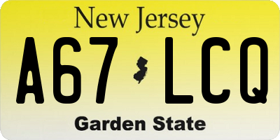 NJ license plate A67LCQ