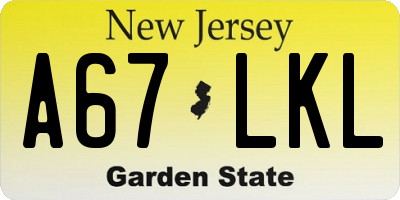 NJ license plate A67LKL