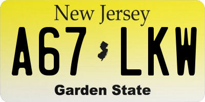 NJ license plate A67LKW