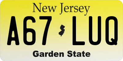 NJ license plate A67LUQ