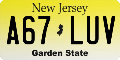 NJ license plate A67LUV
