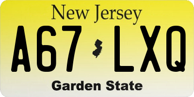 NJ license plate A67LXQ