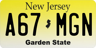 NJ license plate A67MGN