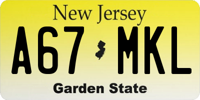 NJ license plate A67MKL