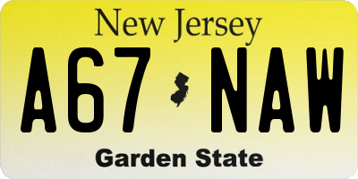 NJ license plate A67NAW