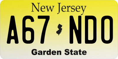 NJ license plate A67NDO