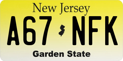 NJ license plate A67NFK
