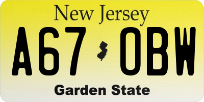 NJ license plate A67OBW