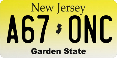 NJ license plate A67ONC