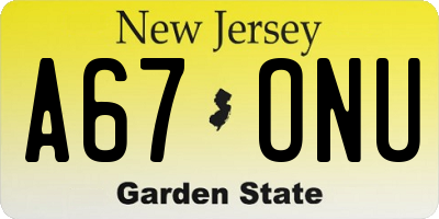 NJ license plate A67ONU
