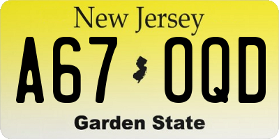 NJ license plate A67OQD